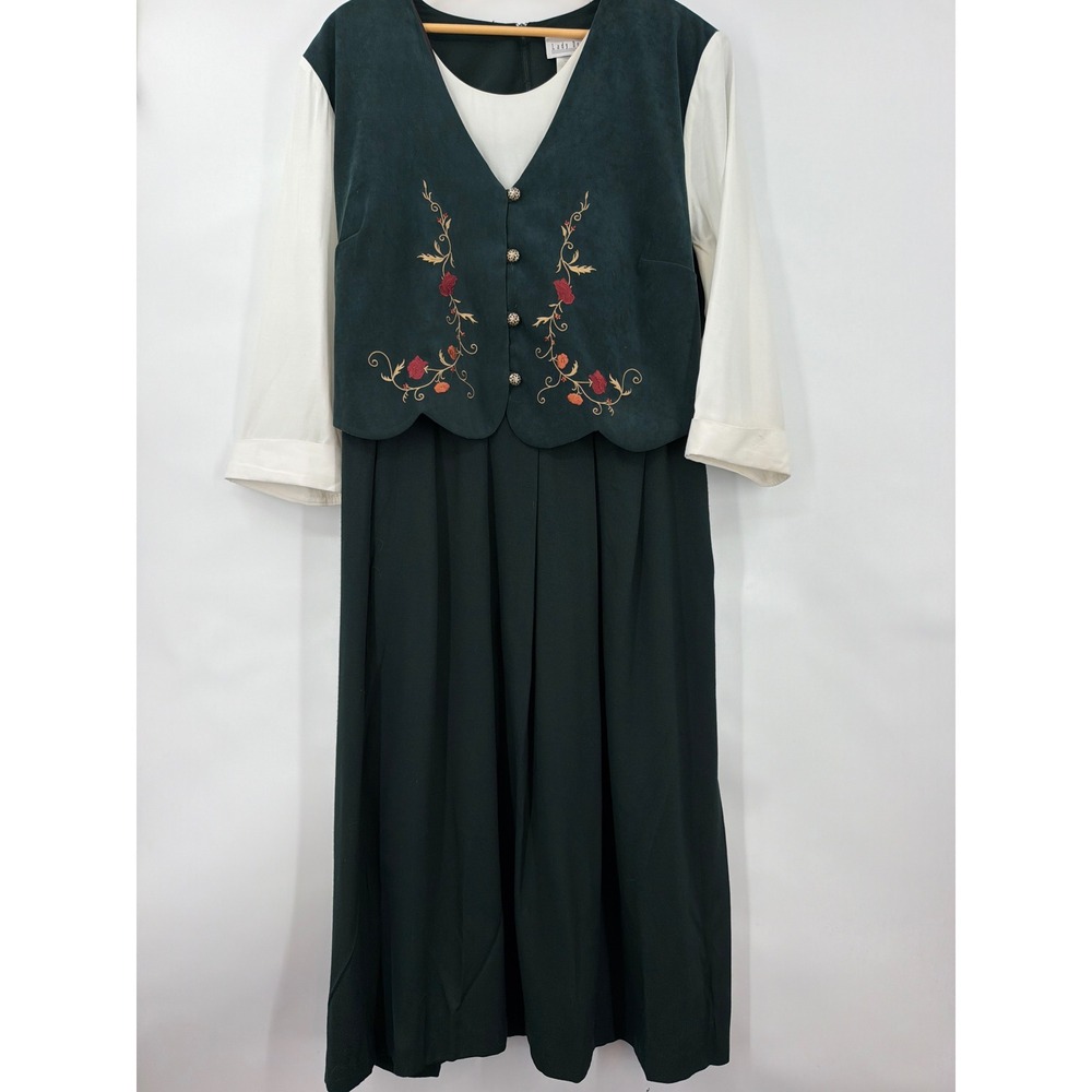Lady Dorby Vtg Green Faux Suede Embroidered Maxi Dress 22W Cottagecore Floral